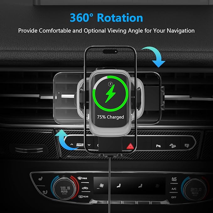 Wireless Car Charger, Auto-Clamping Car Mount 15W/10W/7.5W Fast Charging Air Vent Car Phone Mount Compatible with iPhone 14/13/13 Pro/12 Pro Max/12 pro/12/11/10/8 Series, Samsung Galaxy Series