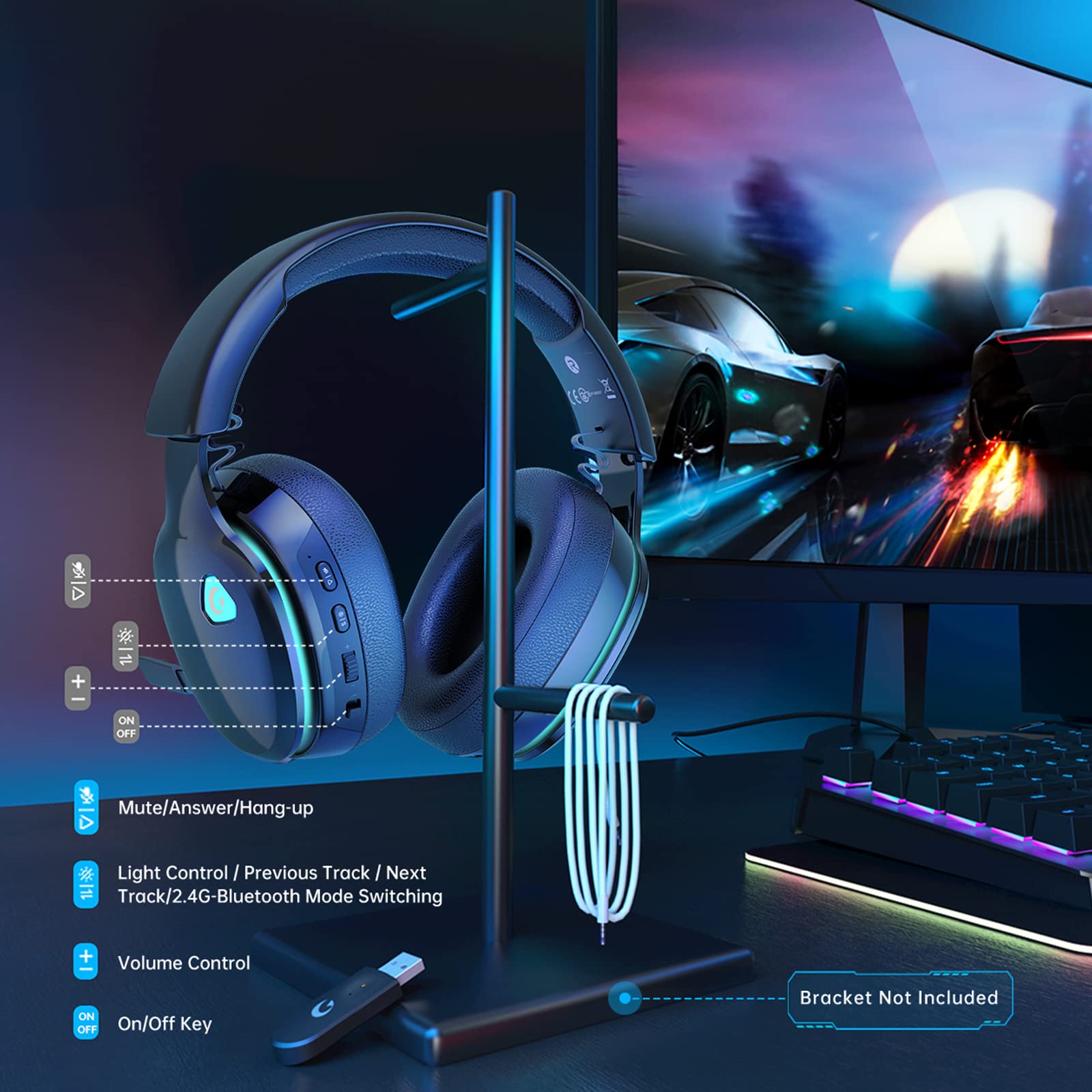 Gtheos 2.4GHz Wireless Gaming Headset for PC, PS4, PS5, Mac, Nintendo Switch, Bluetooth 5.2 Gaming Headphones with Noise Canceling Microphone, Stereo Sound, ONLY 3.5mm Wired Mode for Xbox Series-Black