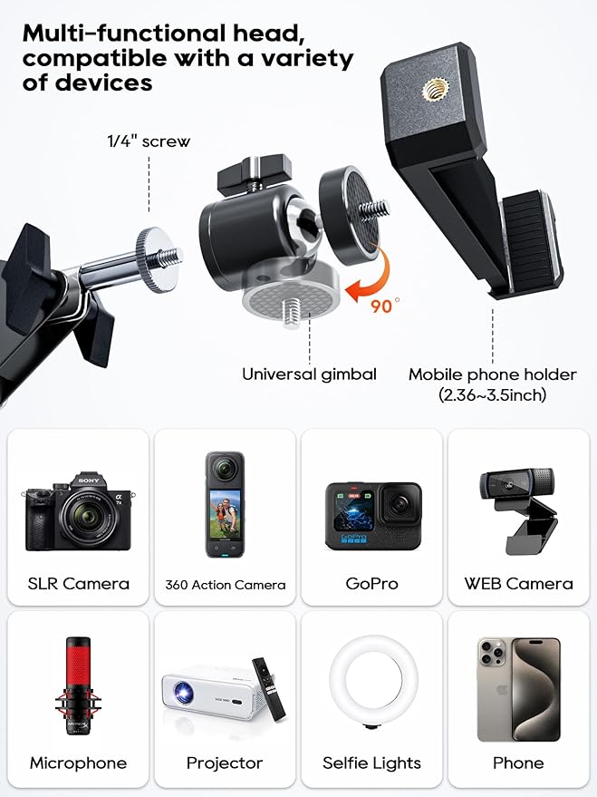 Overhead Camera Mount, 5lb Horizontal Load-Bearing, 360° Adjustable Stand for Desk, Flexible with Phone Clamp, Tabletop Mount for DSLR Camera/Webcam/Microphone