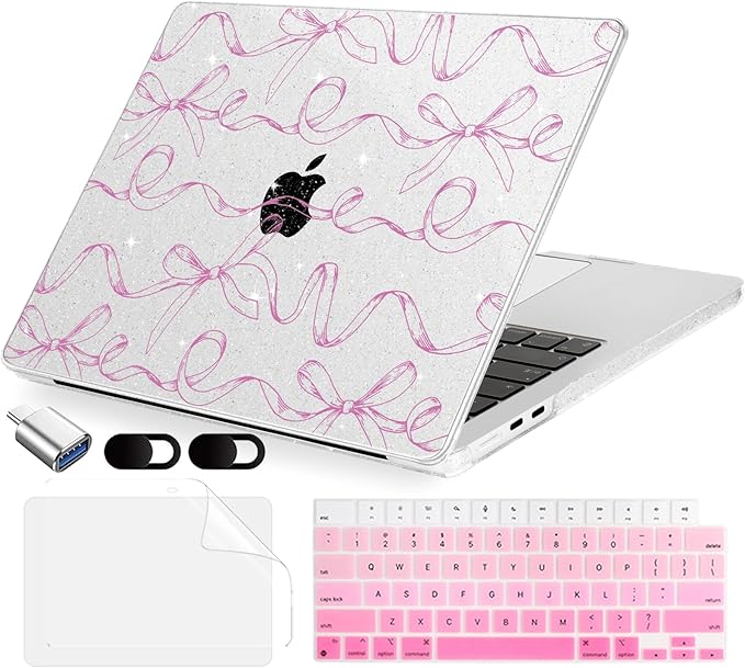 Compatible with MacBook Air 15 inch Case, M4 A3241/M3 A3114/M2 A2941 (Released 2025 to 2023), Hard Shell, Keyboard Cover, Screen Protector, Webcam Cover & Type-C Adapter, Sparkly Bows
