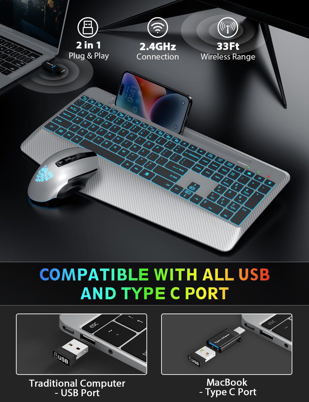 SABLUTE Wireless Keyboard and Mouse Combo, Backlit Scissor Keys, Wrist Rest