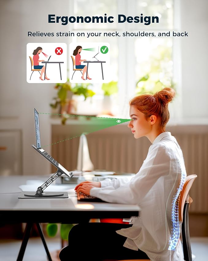 Adjustable Laptop Stand for Desk - Portable Laptop Riser with Rotating Base, Foldable Aluminum Computer Stand, Ergonomic Laptop Holder for MacBook Pro/Air Dell HP Lenovo Notebook up to 15.6", Black