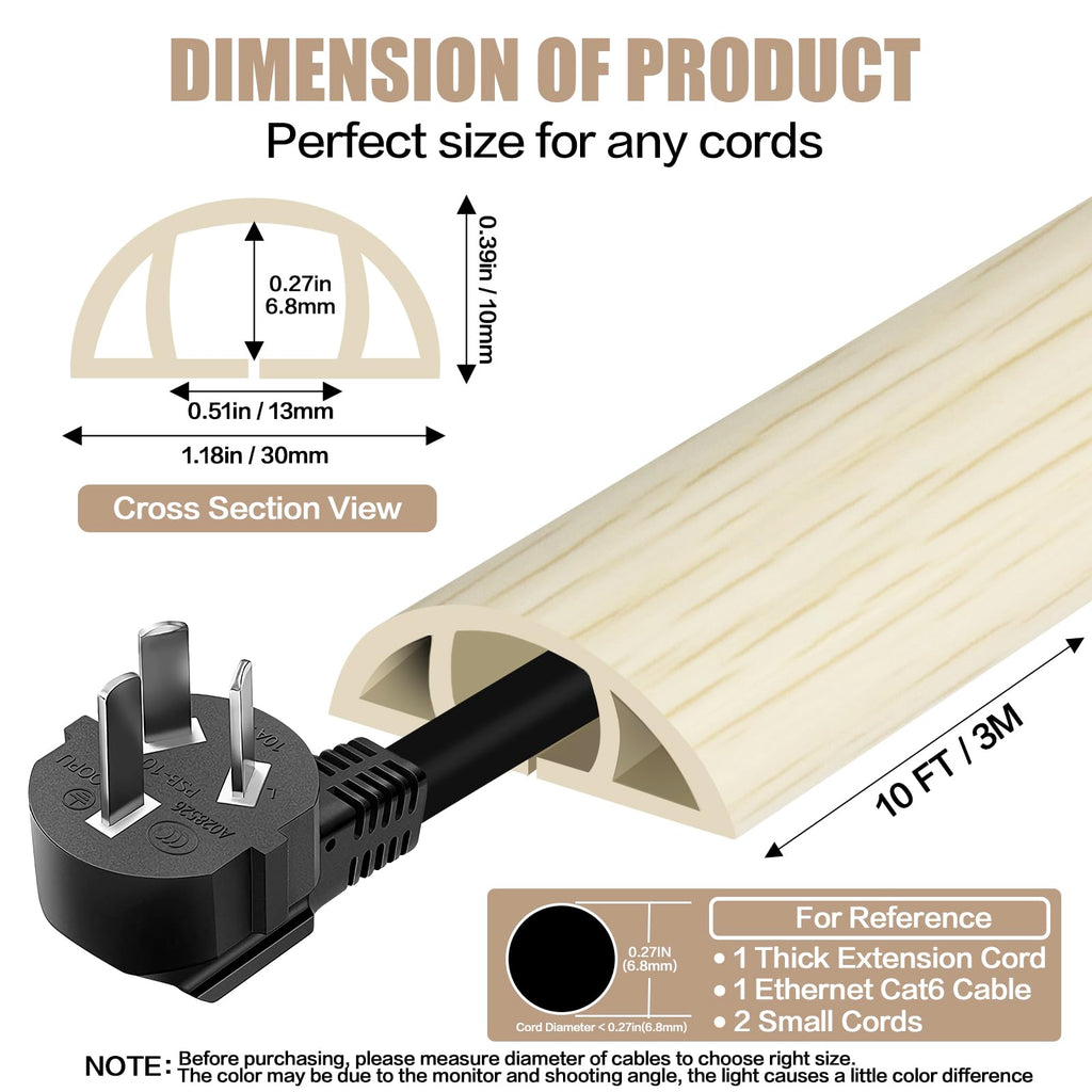 Floor Cord Cover Self Adhesive Cord Hider,10FT Cable Management, Extension Strip Protector for Wires, Prevent Cable Trips for Offices, Gyms, Exhibitions Cavity:0.39"(W) x 0.27"(H) Yellow Wood