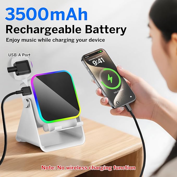 Wireless Induction Speaker 5-in-1 Bluetooth Speaker with Phone Stand,Stereo Sound, 3500mAh Rechargeable, 8 RGB Ambient Light, 360° Adjustable Holder for iPhone/Android/iPad,Gifts for Men Women (White)