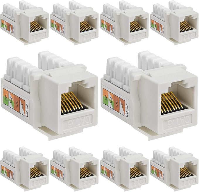 Cmple - 10 Pack Cat6 Keystone Jack Insert Punch Down RJ45 Connectors RJ45 Keystone Jack 90 Degree Female for Wall Plates, Patch Panels, Patch Cables, Ethernet Cables - White