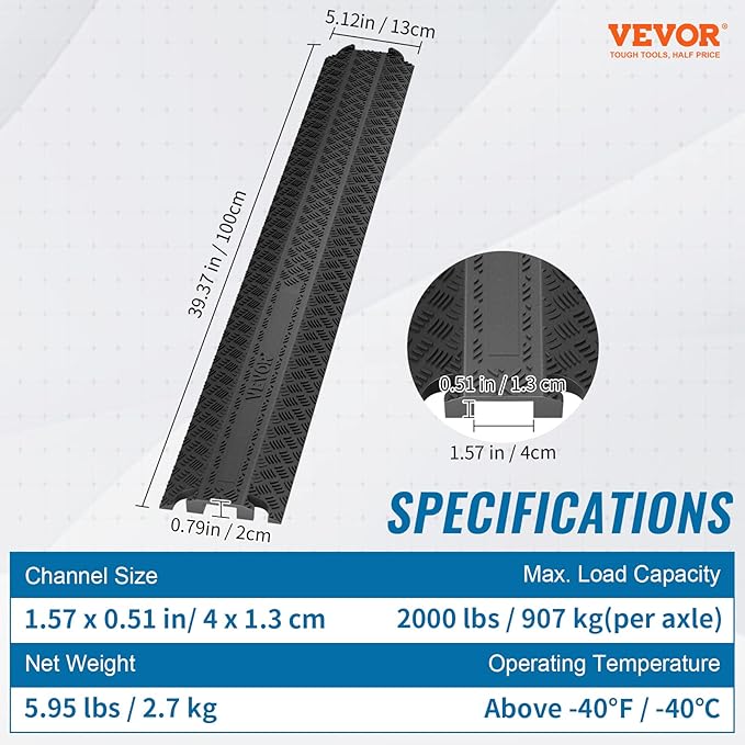 VEVOR 2 PCs Thermoplastic Rubber Drop Over Cable Cover Ramp, 2,000 lbs/axle Load Capacity, Heavy Duty Cable Hose Protector Ramp, Floor Cord Cover for High Walking Traffic Areas Home Office Warehouse