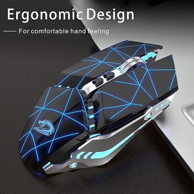 TENMOS T12 Wireless Gaming Mouse Rechargeable, 2.4G Silent Optical Wireless Computer Mice with Changeable LED Light for Laptop PC, 7 Buttons, 3 Adjustable DPI (Starry Black)
