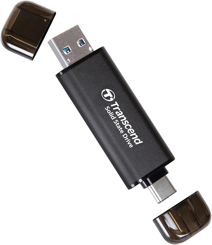 Transcend 1TB External SSD, Up to 1,050MB/s, Dual USB Hard Drive for Tesla, iPhone15,16&iPad&Mac, Steam Deck/ROG Ally/MSI Claw/Windows/Android/PS5/Smart TV, 2-in-1 Type C &A, USB 3.2 Gen2 Portable SSD