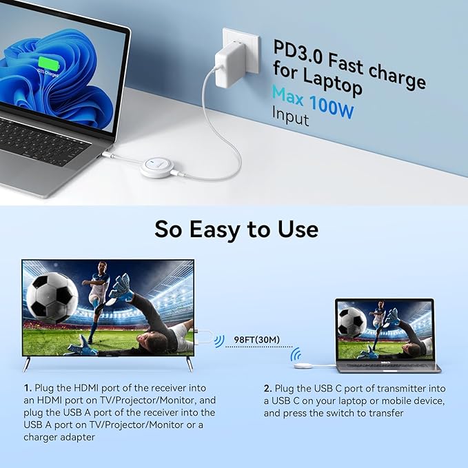 Wireless USB C Transmitter and HDMI Receiver, 2.4G/5G Wireless USB-C to HDMI Extender 98FT/30M,1080P Wireless Display Adapter Stream Video/Audio to TV/Monitor/Projector from Laptop,iPad,Phone,Mac mini