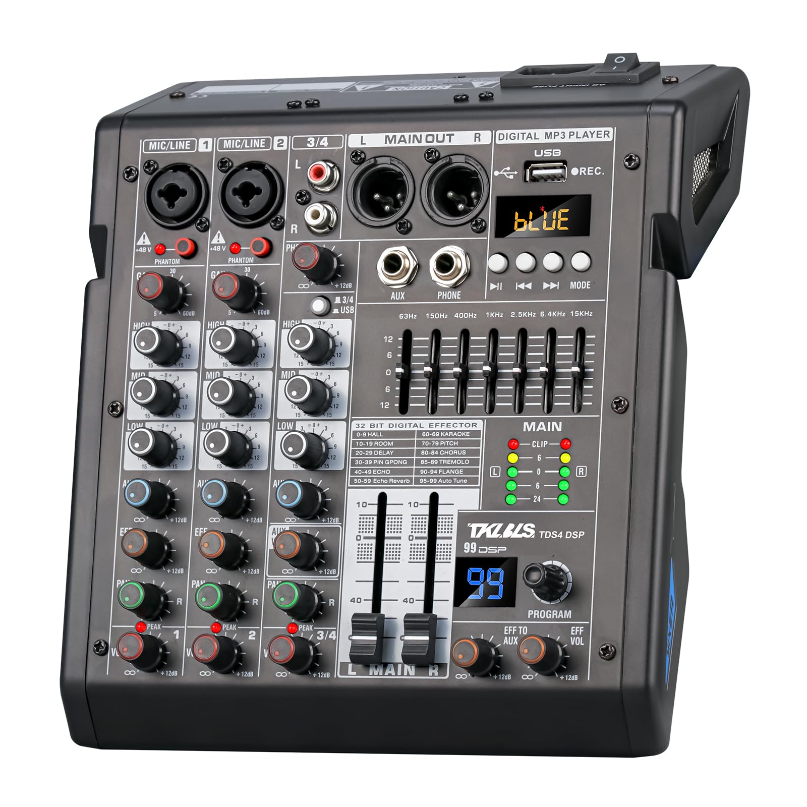 TKLBLS 4 Channel Audio Mixer for Home Audio, Sound Mixer Board with USB Interface, 99 DSP Effects, 48V Phantom Power, XLR Inputs for Karaoke, Recording