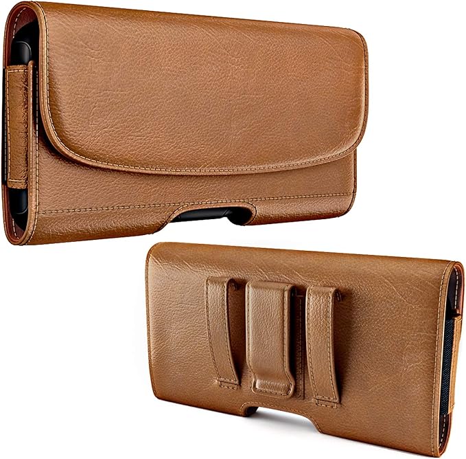 Holster for Samsung Galaxy Ultra S25 S24 S23 S22 S21 Note 20, Google Pixel 8 9 Pro XL – Extra Large Cell Phone Belt Holder Case with Clip, ID Card Pouch - Brown