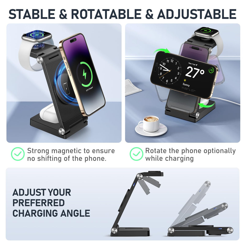 Magnetic Wireless Charger Stand, 3 in 1 Foldable Wireless Charging Station with 20W Adapter, Travel Charger for Multiple Devices for iPhone 17 16 15 14 13 12 Pro/Max/Plus/Mini, iWatch, AirPods