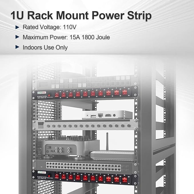 10-Outlet 1U Horizontal PDU Rack Mount Power Strip - Surge Protector,100-240V/15A/1800 Joules,for Network Servers,Power Conditioner with 10 Individual Switches and 6 ft Power Cord