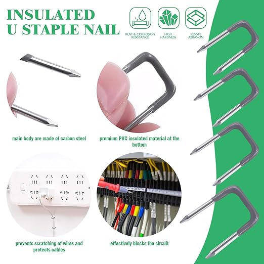 800Pcs 4mm 6mm 8mm 10mm J-Hook Ethernet Cable Nails Wire Clips with Steel Nails and 5/8" 3/4" 1/2" 1" Insulated U Staple Nail for Home Office Business
