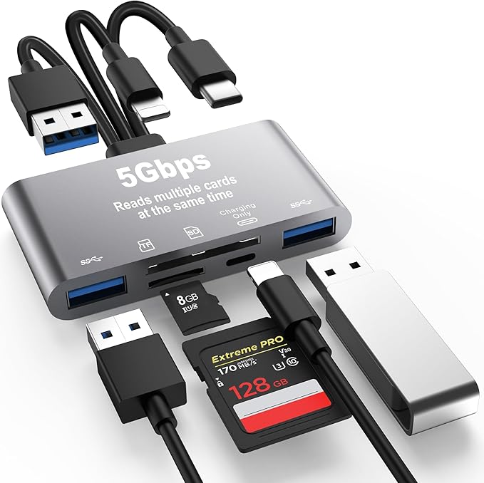 5-in-1 SD Card Reader,High-Speed USB 3.0 Adapter for Phone/Pad USB C/A Devices with TF&SD Card Slots, Supports SD/TF/SDHC/SDXC/MMC