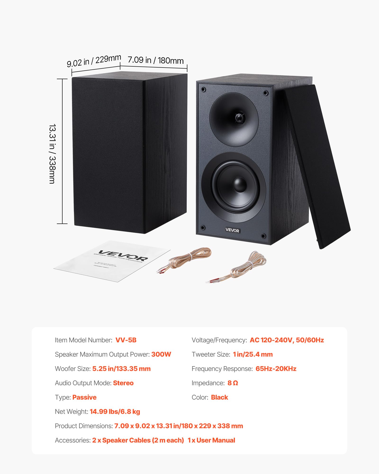 VEVOR Passive Bookshelf Speaker, 300W, Book Shelf Stereo Speakers with 5.25-Inch Woofer and 1-Inch Tweeter, Detachable Grille, 65Hz-20KHz Frequency Response, Wooden Enclosure,for Home Theater (1 Pair)