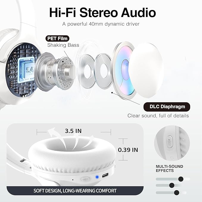 MIDOLA Bluetooth Headphones Over Ear 68H Playtime 6 EQ Wireless Headset with Microphone HiFi Stereo Foldable Lightweight Deep Bass for Travel Home Office Cellphone White