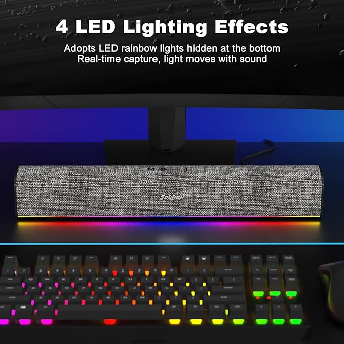 SOULION R100 Bluetooth Computer Speakers with Dynamic LED Light, USB Plug & Play PC Speakers with Switch Button, Clearly Sound Soundbar for Desktop Laptop Monitor(USB-C to USB Adapter Included)