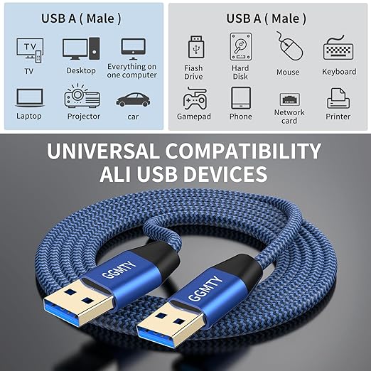 USB to USB Cable 25FT,Durable Braidedfor USB 3.0 Male to Male Type A to Type A Cable Data Transfer Compatible with Hard Drive, Laptop, DVD Player, TV, USB 3.0 Hub, Monitor, Camera, Set Up Box and More