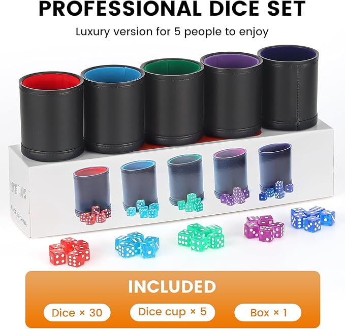 RERIVER 5 Pack PU Leather Dice Cups Velvet Felt-Lined Shaker Cups with 30 Dot Dice for Bar Party Yahtzee Farkle Dice Games