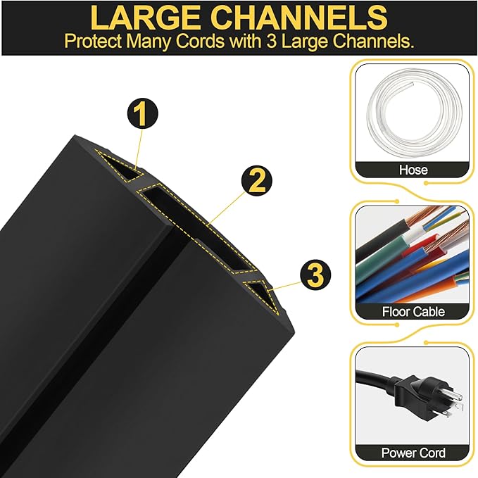 MYFAMIREA 6.5FT Floor Cord Cover Heavy Duty Cable Cover Protector 3 Channels Extension PVC Floor Wire Cover Outdoor Cord Hider Management Cord Cover for Wire on Floor for Home Office Outdoor, Black
