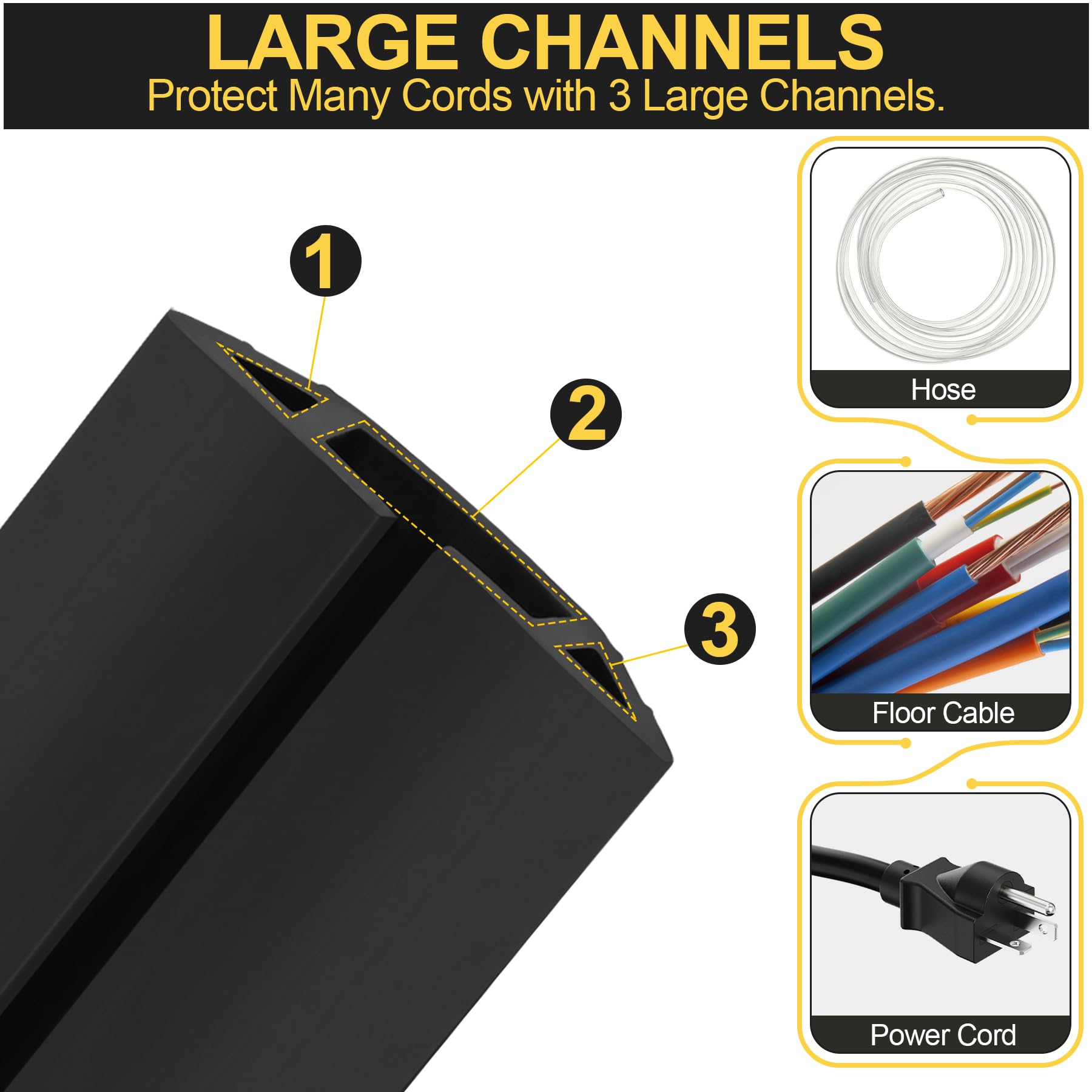MYFAMIREA 6.5FT Floor Cord Cover Heavy Duty Cable Cover Protector 3 Channels Extension PVC Floor Wire Cover Outdoor Cord Hider Management Cord Cover for Wire on Floor for Home Office Outdoor, Black