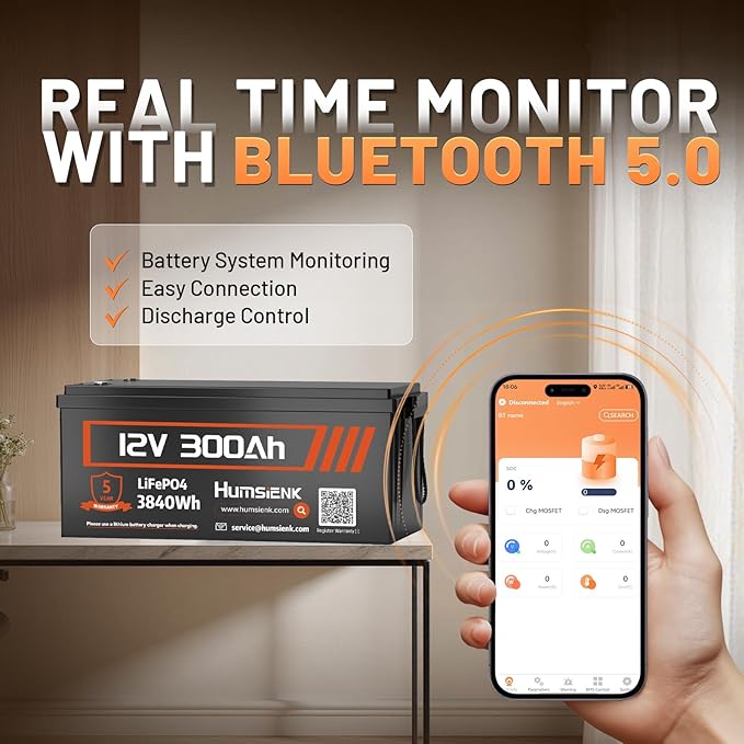 Bluetooth 12V 300Ah Battery LiFePO4 Lithium Built-in 100A BMS, 15000 Deep Cycles Battery 3840Wh with Low-Temp Protection for RV Marine Trolling Motor Home Energy Storage Off-Grid Living