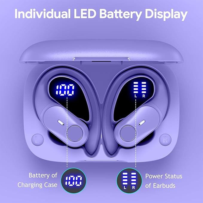 GOLREX Active Noise Cancelling Ear Buds Wireless Earbuds Bluetooth Headphones with 80H Playtime LED Display Wireless Charging Case, Over-Ear Hooks Earbud for Sports Running Gym Workout Purple