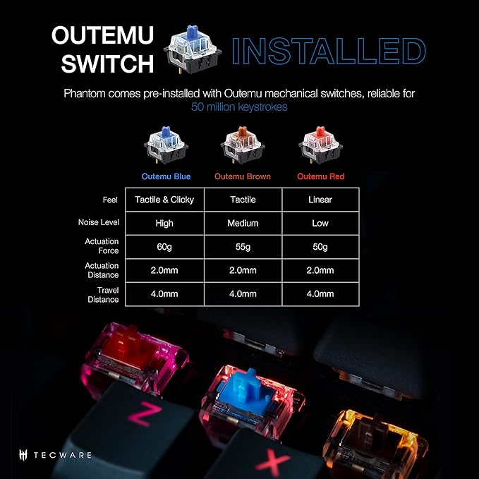 TECWARE Phantom 87 Key Mechanical Keyboard, RGB led, Typewriter Sound, Outemu Blue Switch