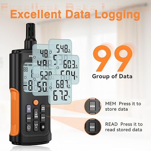 YT606 Temperature Humidity Meter High Precision Digital Hygrometer with Ambient, Relative Humidity, Dew Point, Wet Bulb Thermometer for Indoor Outdoor, Digital Thermometer Min/Max Hold, LCD Backlight