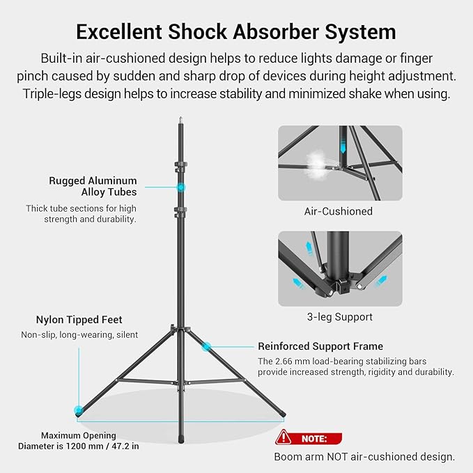 SmallRig Aluminum Light Stand 110"/9.2ft/280cm, Adjustable Photography Air-Cushioned Tripod Stand with 1/4" Screw for Softbox, Studio Light, Flash, Umbrella, Ring Light, Max Load 5kg, RA-S280A