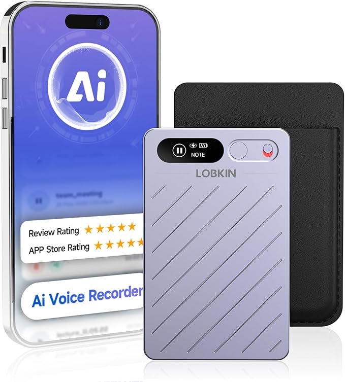 LOBKIN Ai Voice Recorder with Transcribe & Summarize, Note Voice Recorder Support 152 Languages, 64GB, Audio Recorder with App Control, Slim Ai Note Taking Device for Lectures, Meetings, Calls, Grey