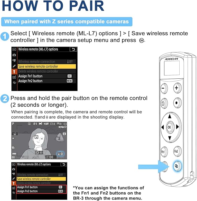 Rechargeable Shutter Release for Nikon AODELAN Wireless Camera Remote Control Compatible with COOLPIX P1000, P1100, P950, B600, A1000, Z50, Z30, Z fc, Z6 II, Z7 II,Z5, Replaces Nikon ML-L7(Black)