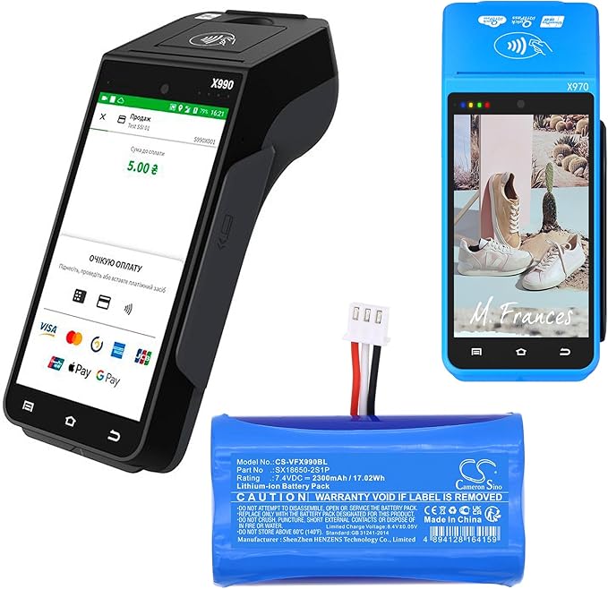 Cameron Sino (2PCS) Replacement for Ver'ifone X970 X990 Battery,fits SX18650-2S1P 2300mAh/7.4V