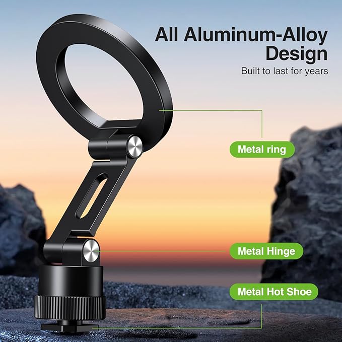 elitehood Magnetic Phone Tripod Mount for Magsafe, Aluminum iPhone Tripod Mount Adapter with 1/4” Screw, Cold Shoe Phone Holder for Camera, Compatible with iPhone 16/15/14/13 Series