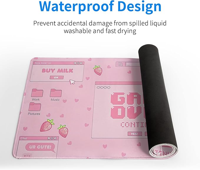 Pink Gaming Mouse Pad 31.5x11.8 Inch Pastel Game Over Large Mousepad Kawaii Office Decor for Women Non-Slip Rubber Base Stitched Edges Keyboard Mouse Mat Desk Pad for Office Home and Game