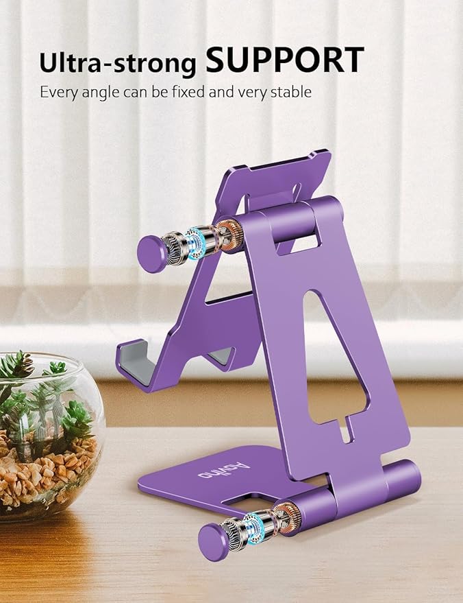 Cell Phone Stand for Desk, Adjustable Desktop Phone Holder Stand, Foldable Moblie Phone Dock for iPhone 15 14 13 12 11 Pro Xs Max Xr X 8 7 6 5 5s SE Nintendo Switch All Phones, Purple
