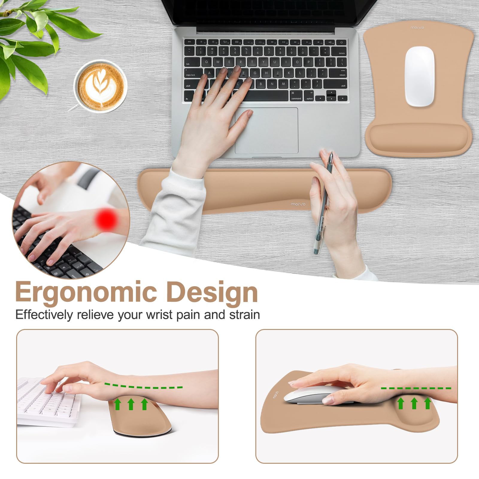 MOSISO Wrist Rest Support for Mouse Pad & Keyboard Set, Ergonomic Mousepad Non-Slip Base Home/Office Pain Relief & Easy Typing Cushion with Neoprene Cloth & Raised Memory Foam, Mocha