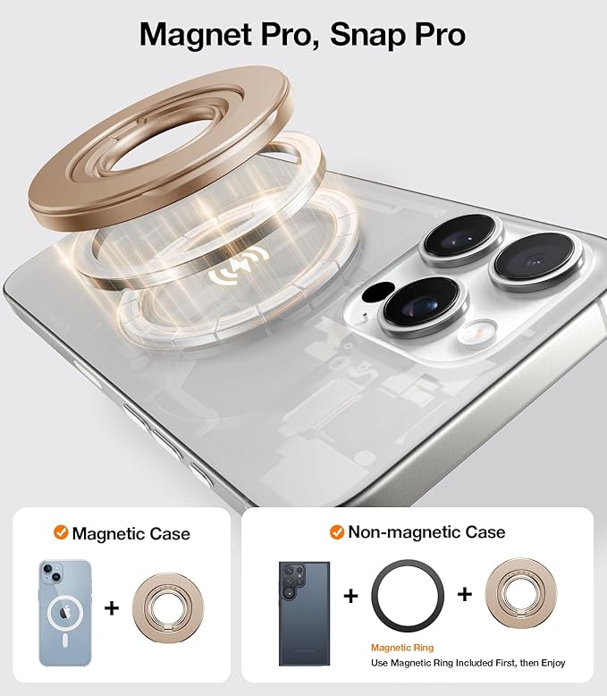 TORRAS 2025 Upgrade [Dual-Ring] Fit for MagSafe Phone Grip Ring Holder Compatible with MagSafe Kickstand Magnetic for iPhone 16/15/14/13/12/11 Samsung, Google Accessories, Desert Titanium Gold