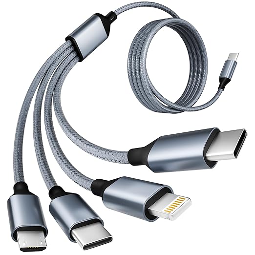 USB C Multi Charging Cable [1Pack 5FT], 4 in 1 Charging Cable Nylon Braided USB-C Multiple Charger Cord with Micro USB,IP Port and 2 Type C Adapter Port for iPhone 16/15 Series/Cell Phones and More