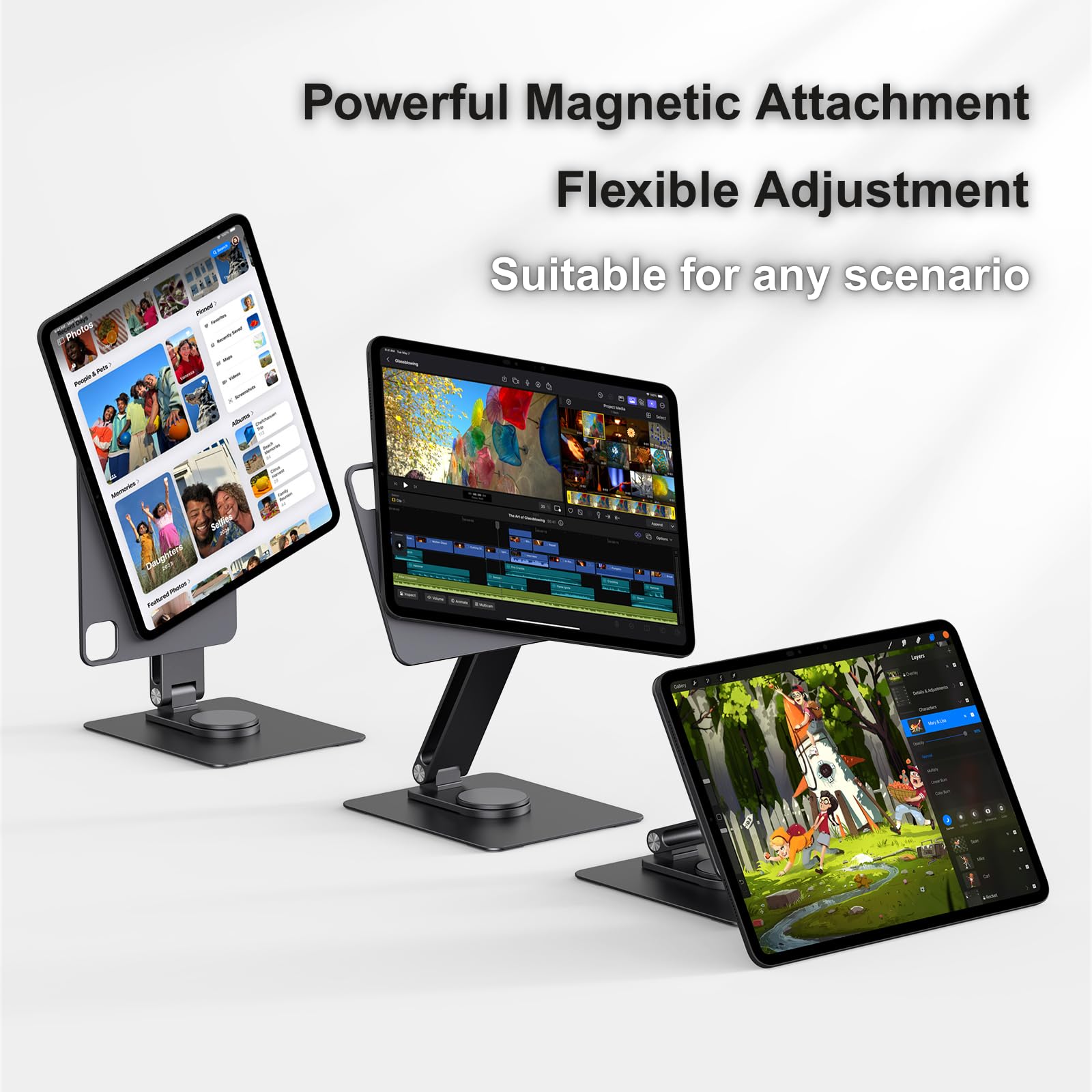 GEWOKLIY Magnetic iPad Pro M4&M5 11-inch Stand with Wireless Charging 18W, 360° Rotating Aluminum Tablet Holder for iPad Pro M4/M5 11-inch, Adjustable Desk Mount Series (M4/M5-11inch)