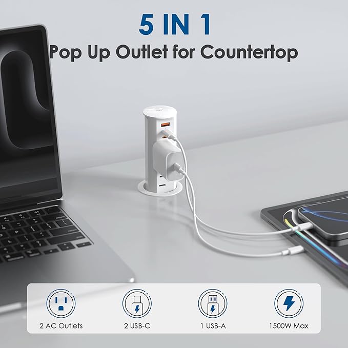 2 Inch Pop Up Outlet for Countertop,Power Grommet 2-inch Desk Wire Hole Insert,20W USB C,2 Outlets,2 USB C/1 USB A,Recessed Outlet,Desk Charging Station (White, 6 FT Cable)