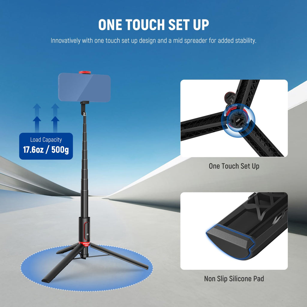 NEEWER Basics PA991 Selfie Stick Tripod Compatible with iPhone Samsung Android, 57.9 Inch Metal Portable Lightweight Travel Mobile Phone Stand with Holder & Remote Control for Video Recording