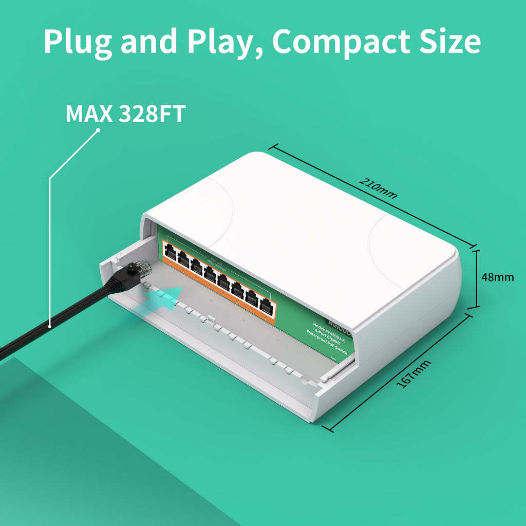 Reidubo 8 Port Gigabit PoE Switch Outdoor, 1000 Mbps 8 PoE+ Ports 120W PoE Extender, IEEE802.3af/at Power Over Ethernet Unmanaged Outdoor Network Switch, Plug & Play