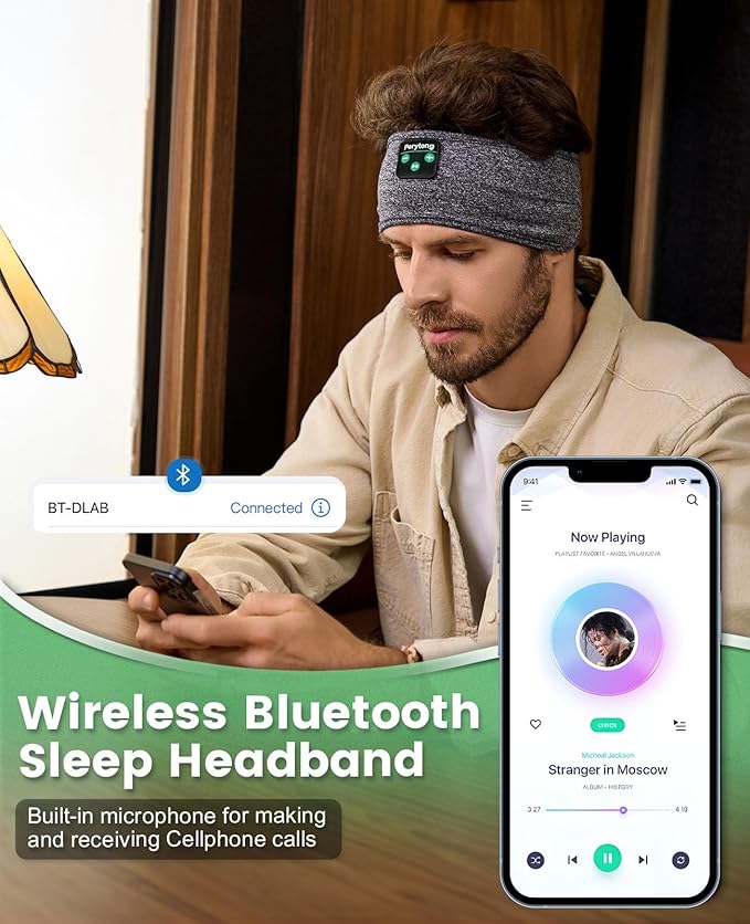 Perytong Sleep Headband - Bluetooth Sleeping Headphones for Side Sleepers - Comfortable Headband with Thin Speaker Microphone Gift Ideas for Women & Men