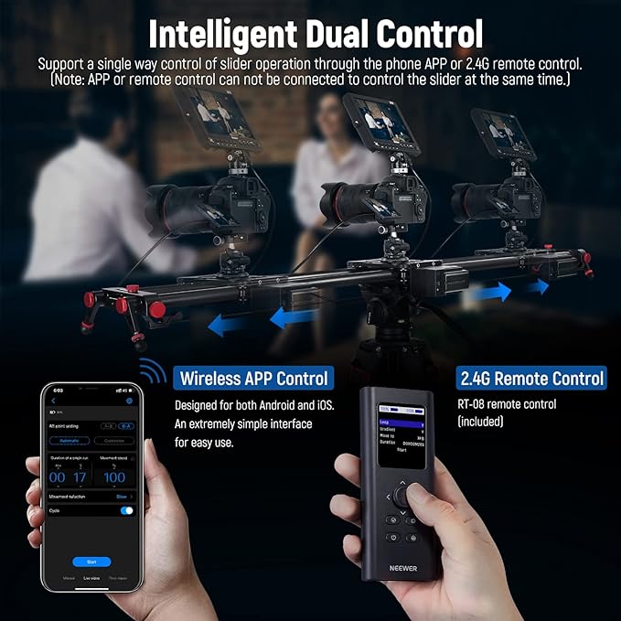 NEEWER 47.2”/120cm Motorized Camera Slider, App Wireless Control Carbon Fiber Dolly Rail Slider, Support Video Mode, Time Lapse Photography, Horizontal, Tracking and 120° Panoramic Shooting (ER1-120)