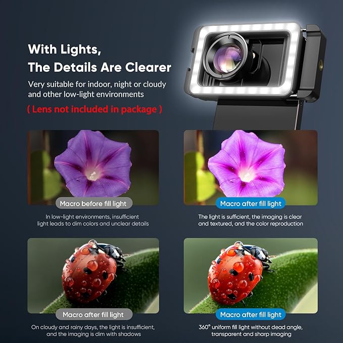 APEXEL 17mm+37mm Thread Adapter with LED Fill Light, One-Piece Phone Adapter for Android/iPhone, Attachments for Macro/Wide Angle/Fisheye/Flow/Radial/Star Filter/Kaleidoscope Lens