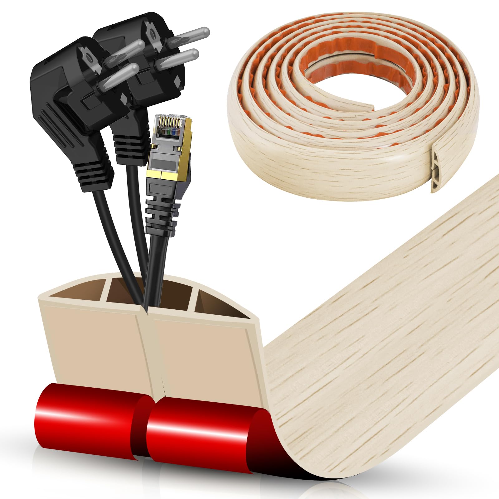 Floor Cord Cover Cavity 0.8"x0.37" Self Adhesive Cord Hider, 10FT Low Profile Cable Management, Extension Strip Protector for Wires, Prevent Cable Trips for Offices, Gyms, Exhibitions (Yellow Wood