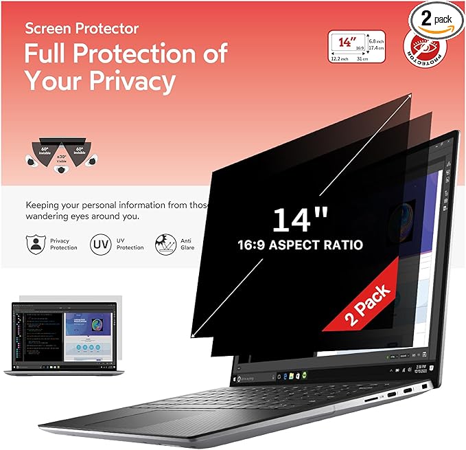 bersem 2 Pack 14 inch Laptop Privacy Screen for 16:9 Ratio Computer Monitor, Anti-Glare, Blue Light Filter, Removable, UV-Blocking