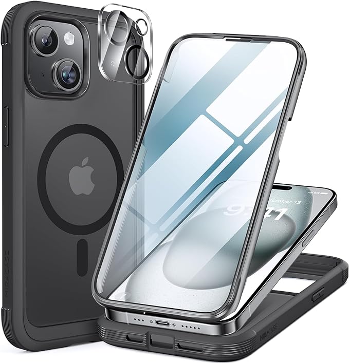 Miracase Magnetic for iPhone 15 Plus Case 6.7'' [Compatible with Magsafe] only for 15 Plus Phone Case Cover with Built-in 9H Tempered Glass Screen Protector,Magnetic Frosted Black